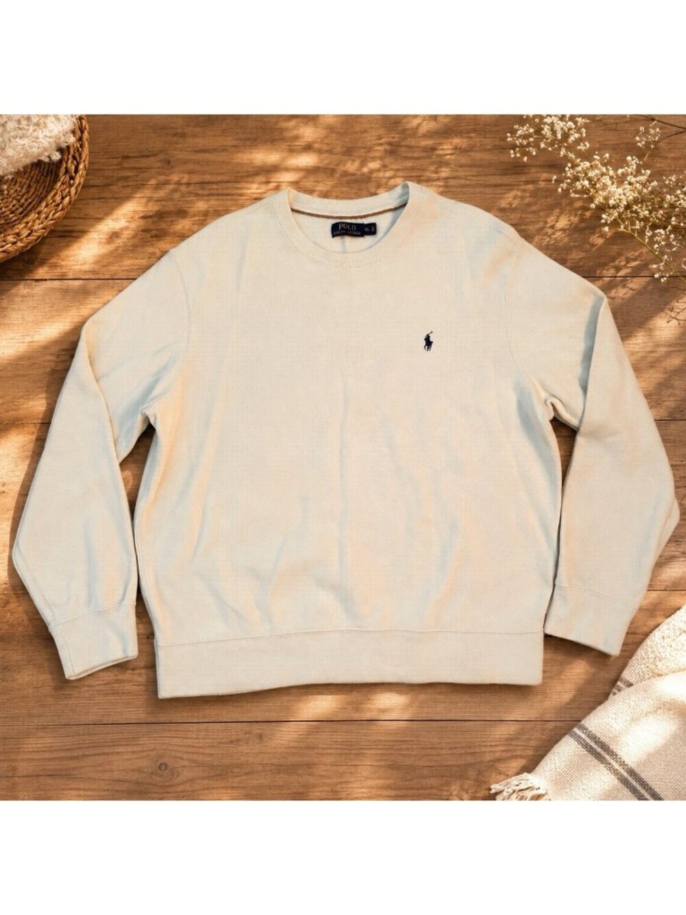 Polo Ralph Lauren Cotton Ivory Sweater Mens Size XL Crew Neck Long Sleeves Pony
